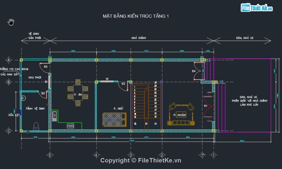 Nhà 2 tầng,2 tầng 6.4x14.5m,file cad nhà 2 tầng,Nhà ở 2 tầng,bản vẽ nhà 2 tầng,thiết kế nhà 2 tầng